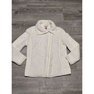 EUC TALBOTS Womens Jacket Size M White Faux Fur & Nylon Asymmetrical Full Zip